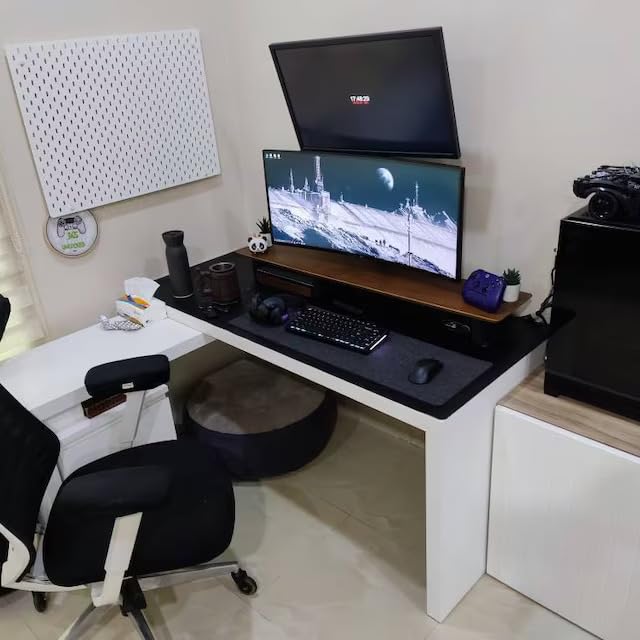 Image of Deskvue 36 inch Single Monitor Desk Shelf | with ONE SMALL Aluminum Under-Shelf | Medium Monitor Riser | Office Desk Storage | Grovemade Inspired | DARK WALNUT