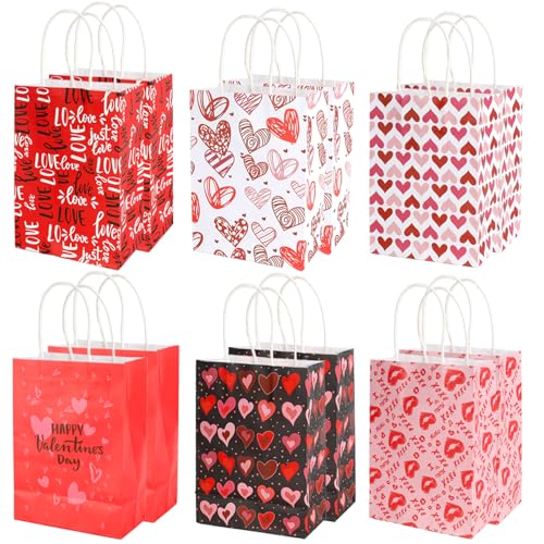 Valentines Gift Bags, 12 PCS Valentine Paper Bags with Handles, Valentines Day Gift Bag, Heart Shaped Valentine Treat Goodie Candy Cookie Bag for Valentine's Day Wedding Holiday Party Favor Supplies