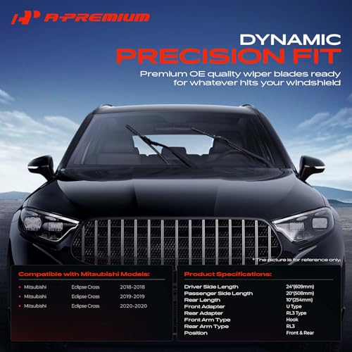 A-Premium 24"+20"+10" Windshield Wiper Blades Compatible with Mitsubishi Eclipse Cross 2018 2019 2020 - Front Rear Wipers Blade Set for Hook/RL3 Arm Connector, with Wear Indicator & Towel (Pack of 3) by A-Premium - Image 2