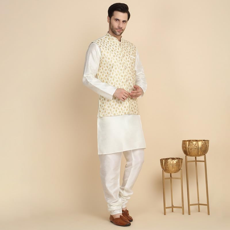 Image of KRAFT INDIA Men's Stylish Silk Kurta with Churidar & Nehru Jacket Set