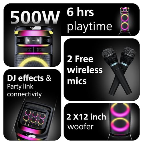 Image of Philips TAX5004 500W Bluetooth Party Speaker with 2 Free Wireless Mic, Powerful Sound, Deep Bass, RGB Lights, LED Display, Portable Loudspeaker with USB, AUX, DJ Party Effects for House Party