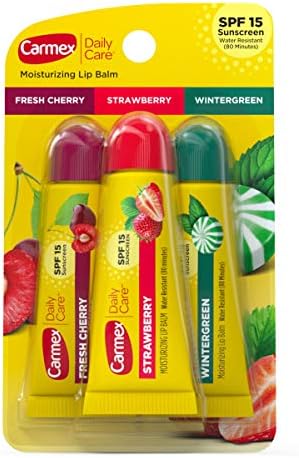 Carmex Daily Care Moisturizing Lip Balm Pack, Lip Balm With Sunscreen in Fresh Cherry, Strawberry and Wintergreen -0.35 Ounce (Pack of 3)