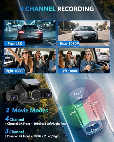 Image of HUPEJOS AI Dash Cam Front Rear Inside with Driver Monitor System, 360 Car Camera 4K, 4 Channel Camera for Cars, WiFi GPS, Dashcam 64GB SD Card, Night Vision, 24H Parking Mode, Upgrade DMS V8Plus