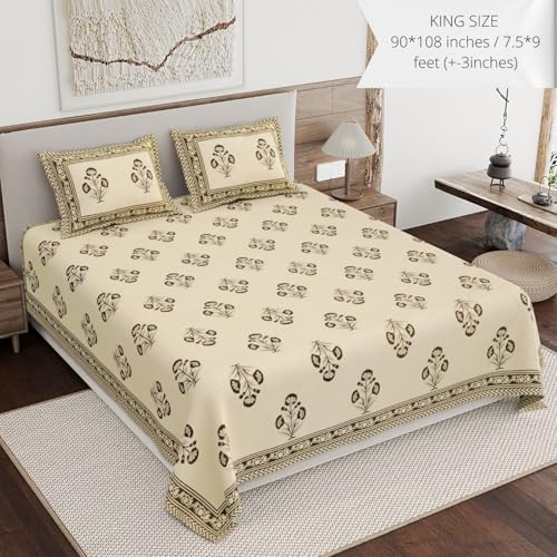 Image of Living Roots Ethnic Jaipur Block Print Double Cotton Bedsheet & 2 Pillow Covers, for Mattress Upto 6 inches Thick, No Colour Bleeding, Brown Colour, King Size 90 * 108 inches, 120TC (611-C)