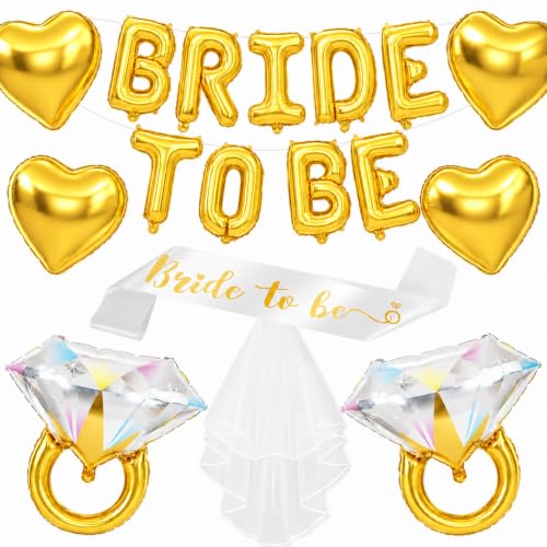 Image of Gold Bachelorette Party Decorations, Gold Bride to Be Banner Heart Balloons with Diamond Ring Foil Balloon, Bride to Be Sash&Veil for Bachelorette Engagement Gift Bridal Shower Party Supplies
