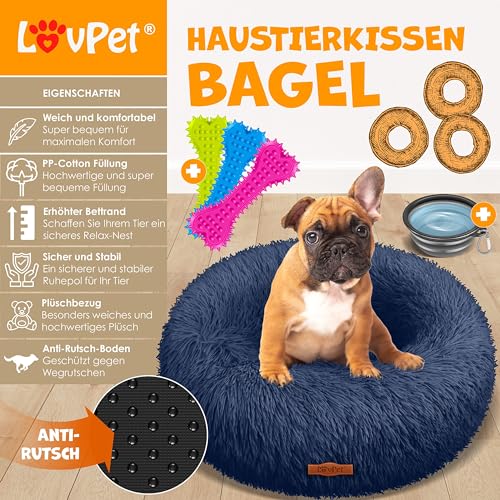 Lovpet® Hundebett Hundekissen Katzenbett Bagel, Waschbar, Inkl. Napf + 3X Kauknochen, Hundesofa flauschig Kissen Rund aus Plüsch für Kleine, Mittelgroße & Große Hunde, Katzen [3XL, Ø 100cm Navyblau]