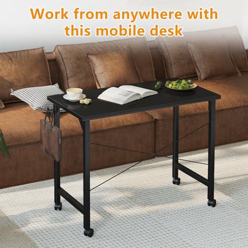 Image of Grandder Rolling Computer 32 inch Desk with Wheels, Wroking Small Desk for Living Room, Modern Simple Style Table for Home Office, Study Writing Table, Caster, Black, 32 inch