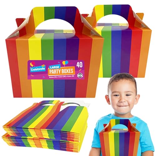 SOL 40pk Large Rainbow Birthday Party Boxes for Kids Party Food - Easy to Assemble, Handle for Cake and Treats, Perfect for Snacks, Goodies, and Lunches - Bright Design for Birthdays and Celebrations