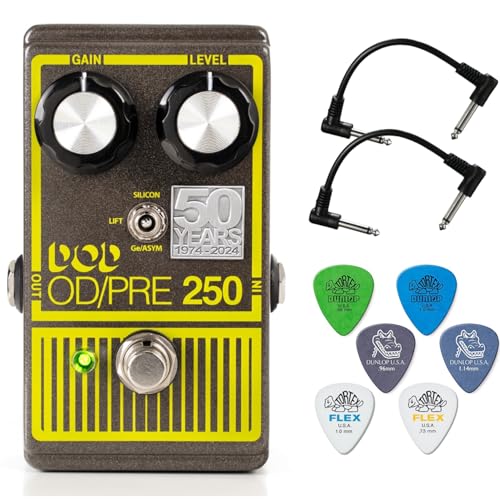 Digitech DOD-250-50TH Overdrive Preamp 250-50th Anniversary Edition - Bundle with 2 Patch Cables and 6 Dunlop Picks