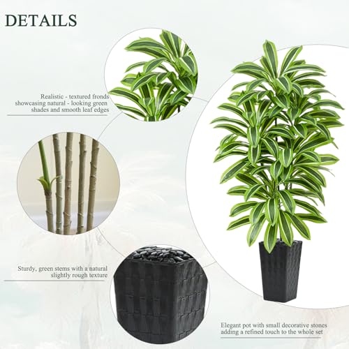Image of Artificial Yellow Dracaena Tree Indoor, 5FT Tall Fake Floor Plants with Black Planter & Pebbles, Faux Silk Yucca Tree for Home Office Living Room Bedroom Farmhouse Modern Outdoor Topiary Tree