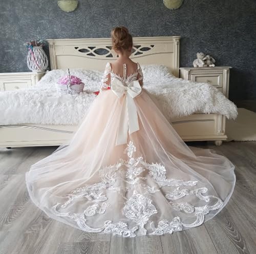 BOLENSYE Lace Long Sleeve Flower Girls Dress for Wedding Puffy Tulle Crew Neck Pageant Prom Ball Gown with Bow2
