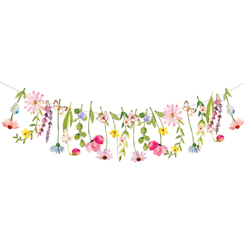 Wildflower Butterfly Garland Paper Bunting for Birthday Garden Party Decor
