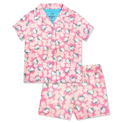 Hello Kitty Girls Pajama Set - 2 Piece Cozy Girls Pjs with Button Down Short Sleeve & Shorts For Kids - Official Product
