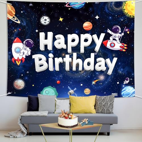 Image of Party Propz Space Theme Birthday Decoration Backdrop 2 Pcs - Outer Space Astronaut Happy Birthday Backdrop Decoration for Boys (5 x 4 Ft) with Ribbon,Astronaut Theme Decor for Kids