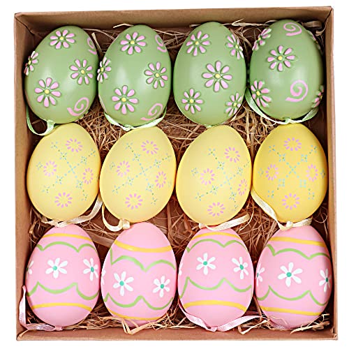 Victor's Workshop 12Pcs 6cm Oeufs de Pâques Décoration de Pâques en Plastique, Cadeaux de Chasse de Pâques pour Les Enfants/Panier/Arbre, Printemps Naturel Rose Jaune et Vert Cover