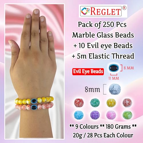 Image of 15 Pcs Evil Eye Beads + 250 Pcs Marble Glass Beads for Jewellery Making Kit - Glass Beads for Bracelet Making Kit - Bead Craft - 8mm