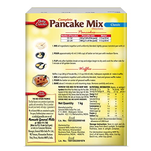 Image of Betty Crocker Pancake Instant Breakfast Mix, Waffles and Pancake Powder, Original Flavour, Eggless, Sugar, 1000 g