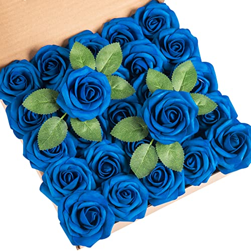 DuHouse 25Pcs Artificial Roses Flowers Fake Rose with Stems Real Touch Foam Flower Head for DIY Wedding Bridal Bouquet Baby Shower Centerpiece Floral Arrangement Party Home Decor(Royal Blue-A)