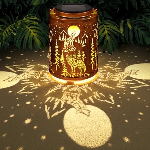 Image of Solar Lanterns Garden Decor Birthday Gifts for Women Mon Grandma Metal Hanging Solar Lights Waterproof Outdoor Decoration for Outside LED Lanterns for Yard Patio Lawn Pathway(Wolf)
