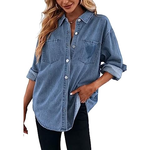 Women's Casual Button Down Denim Shirt Long Sleeve Boyfriend Oversized Jean Jacket with Pockets Cover