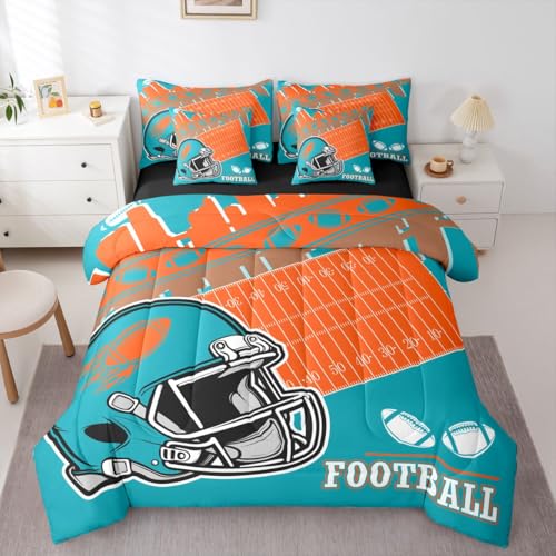 Erosebridal Football City Queen Comforter Set with Sheets 7 Piece Bed Rugby Fans in A Bag Kids Boys Teen Room Decor,Sports Gaming Bedding Set Orange Teal Bed Set for Adults Men (Miami)