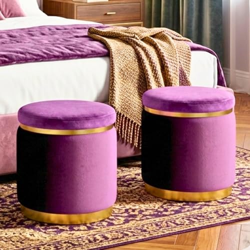 Image of AHAMNA Decorative Ottoman Pouffes for Sitting - Two-Piece Set of Puffy Stools and Footstools - Round Ottoman Stool for Living Room Furniture (Purple)