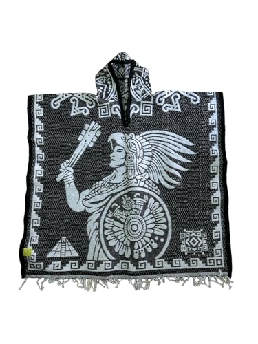 HOODED ADULT AZTECA PONCHO, CALENDARIO AZTECA, GABAN, MADE IN MEXICO Black
