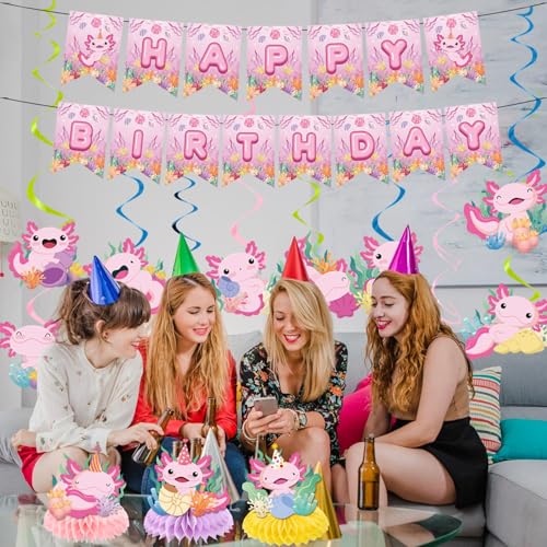 Image of Axolotl Birthday Party Decorations, 15PCS Axolotl Theme Birthday Banners Hanging Swirl Honeycomb Centerpieces, Cute Salamander Party Decor Kids Girls