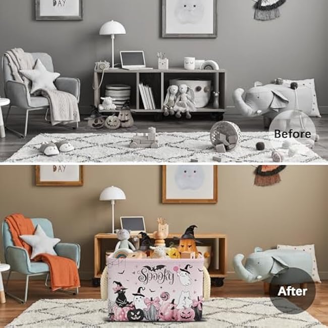 Pink Halloween Basket Cute Pumpkin Ghost Boo Spooky Basket with Handles Foldable Halloween Gifts Storage Bins Organizer for Clothes Toys Books (Pink, 15x10x10 Inch)