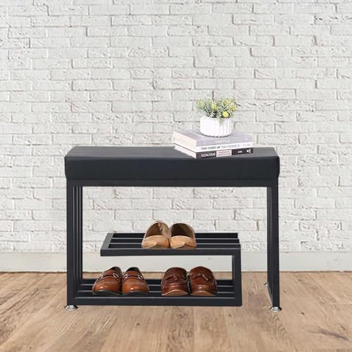 Banc à chaussures industriel de 80 cm avec rangement à 3 niveaux et coussin en cuir