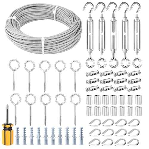 TooTaci 3mm Wire Rope Kit 30M Garden Wire for Climbing Plants 3mm PVC Coated Staienlss Steel Cable M5 Turnbuckle Wire Tensioner Vine Eyes & Double Hole Clamps for Fence Hanging Curtain Wire