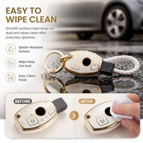 Image of for Mercedes Key Fob Cover with Metal Braided Rope Keychain for Benz Accessories, Upgraded Soft Key Case for Class Mercedes Benz (3 Button only) (Gold Edge)