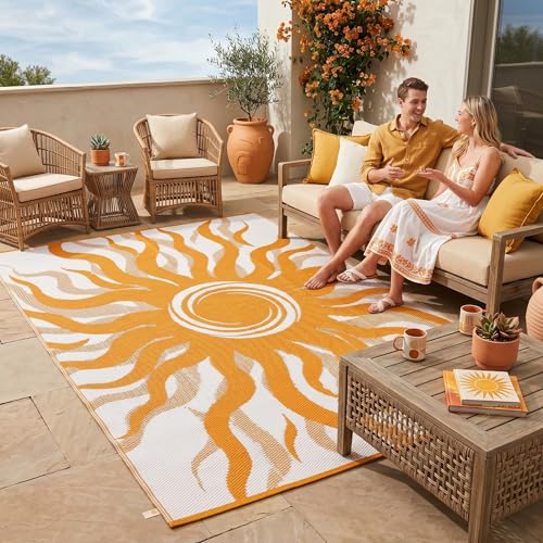 Garvee Outdoor Rug 5x8 Waterproof Patio Rugs with Boho Sun Pattern Reversible Plastic Straw Camping Rugs Outdoor Indoor RV Mat Carpet for Deck Backyard Picnic Porch Balcony Beach Orange