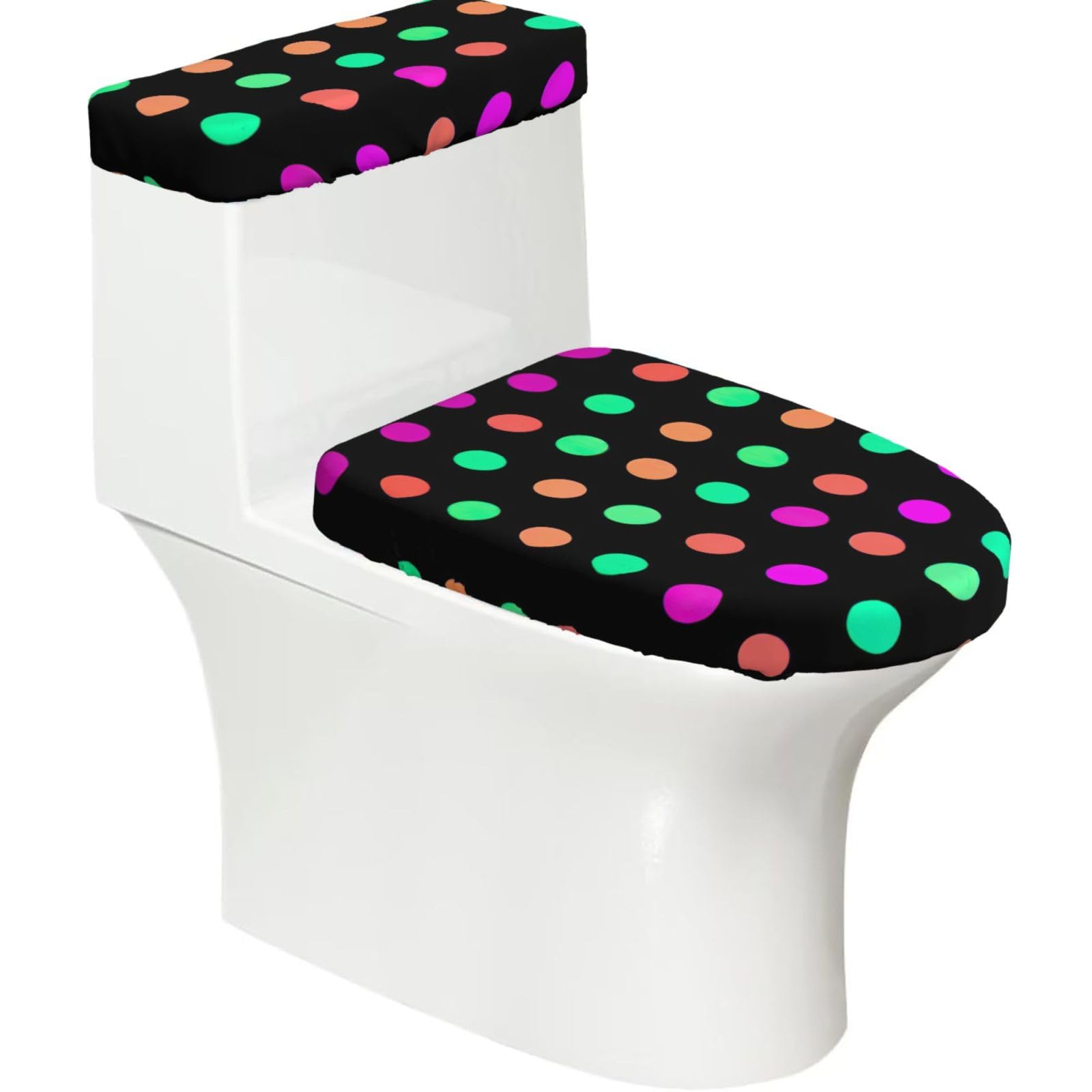 Multicolor Polka Dots Print 2-Piece Stretch Toilet Cover Set, Elastic Breathable Toilet Seat and Tank Lid Protector