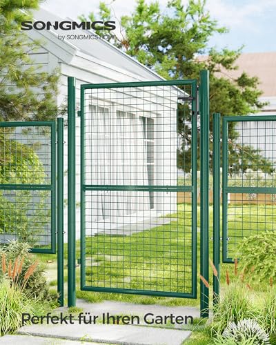 SONGMICS Gartentor, Gartentür, verzinkter Stahl, robust und langlebig, abschließbar, rundes Rohr, Tür 87 x 150 cm, 106 x 150 cm (B x H), grün GGD200G