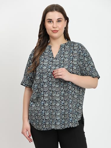 Image of SINDOORI Relaxed Fit Tops for Women Plus Size Solid Printed Mandarin Collar, Band Collar, V-Neck Top, Half Sleeve Loose Fit