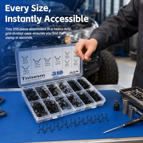 Image of Tnisesm 310Pcs Wire Hose Clamp Kit, 9 Sizes 5mm-13mm Spring Fuel Line Hose Clips, Black Zinc-Plated Steel Assortment for Motorcycle, ATV, Mower, Boat & Small Engine Repair