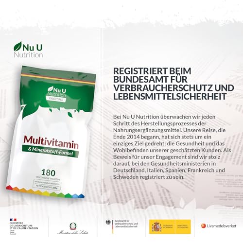 Multivitamin-Tabletten für Männer & Frauen - 180 Tabletten - 6 Monats-Vorrat - 25 A-Z Multivitamine & Mineralien mit Eisen, Zink & Vitamin D - Eine pro Tag - Nu U Nutrition