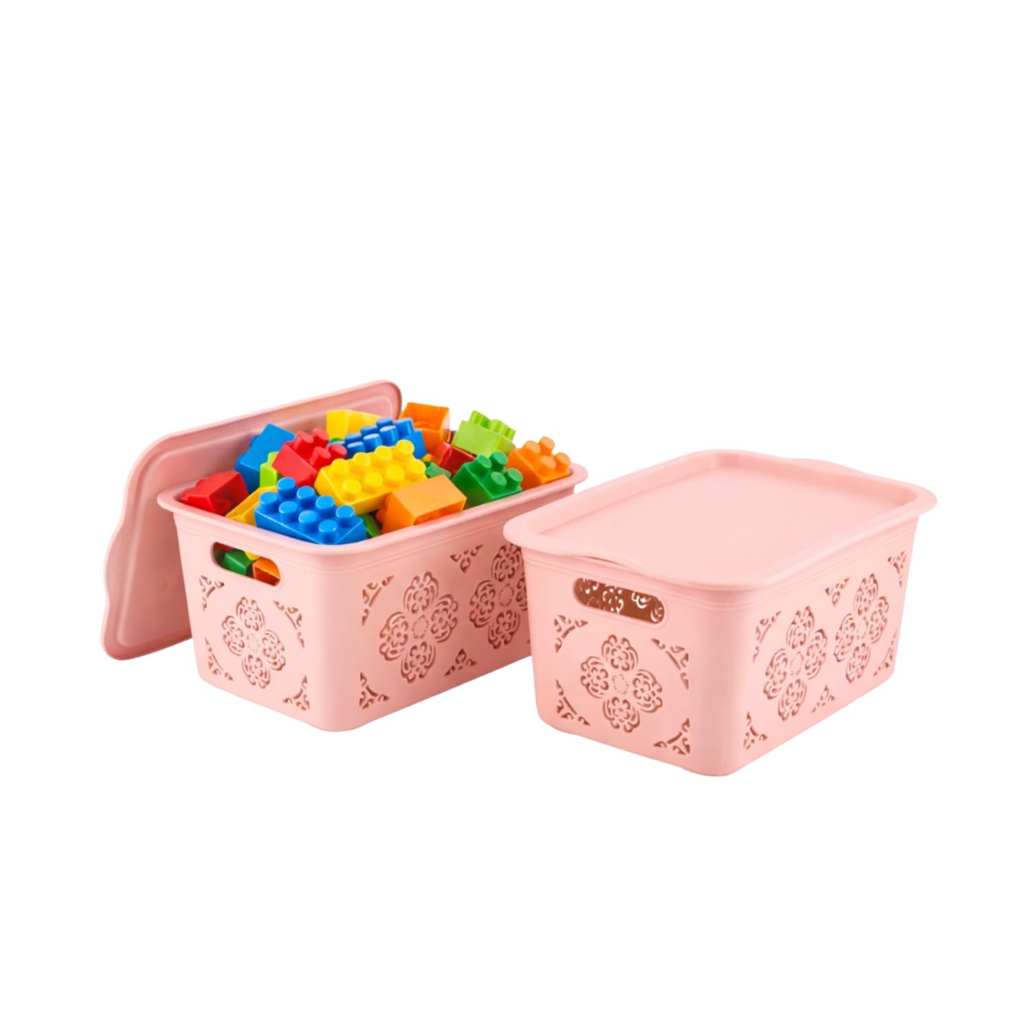 HOMESHOPA Small Plastic Storage Baskets with Handles and Lids, 2 Pack Pink Stackable Storage Containers Bins for Kitchen, Bathroom, & Office Shelf Narrow Boxes