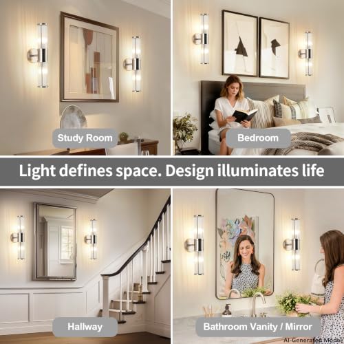 Image of Dual Sconce Vanity Set of 2, Brushed Nickel Wall Light with Clear Glass Rods Shape, Industrial Vanity Lighting for Bathroom Mirror and Modern Bedroom