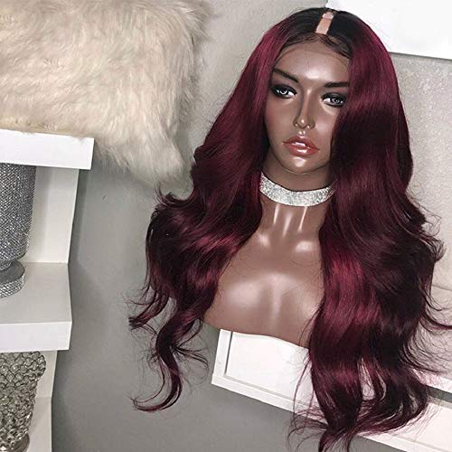 Supernova 99J Wig, 1B/99J Burgundy U Part Wigs for Black Women Burgundy Ombre Color with Dark Roots Body Wave U Part Clip in Wig Human Hair Wine Red Wig (18 Inch)