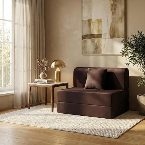 Image of Foldable One Seater Sofa Cum Bed 3 x 6 Ft Jute Fabric Washable Cover with One Cushion Convertible for Home, Bedroom, Office Brown Color Pre-Assembled