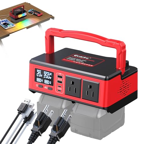 Image of Ecarke 350W Portable Power Inverter Compatible with Milwaukee 18V Battery, DC 20V to AC 110V Power Station with 2 AC Outlets, 2 USB, 2 Type-C & RGB LED Light, for Outdoor Emergency Use (No Battery)