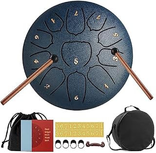 YUEHAO Tongue bęben tarczowy, 11 nut, 15 cm, językowy, stalowy instrument perkusyjny, ręczny, z pudełkiem na akcesoria, torbą, książką muzyczną i pałeczkami do medytacji, jogi, uzdrawiania