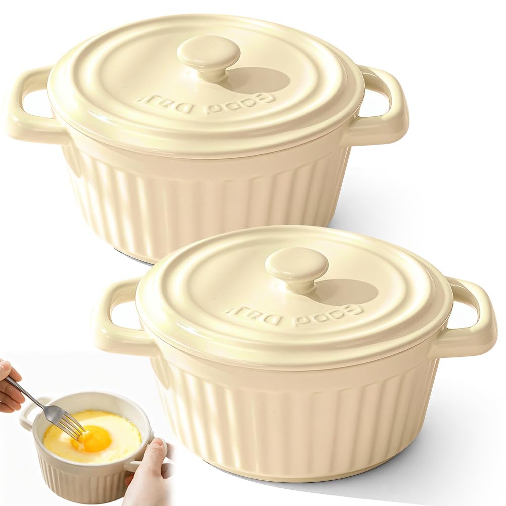Mini Cocotte con tapa, cazuela pequeña de porcelana con asas, pequeños moldes de cerámica, cazuela pequeña para lasaña, soufflé, horno, microondas, lavavajillas (beige-L-2 unidades)