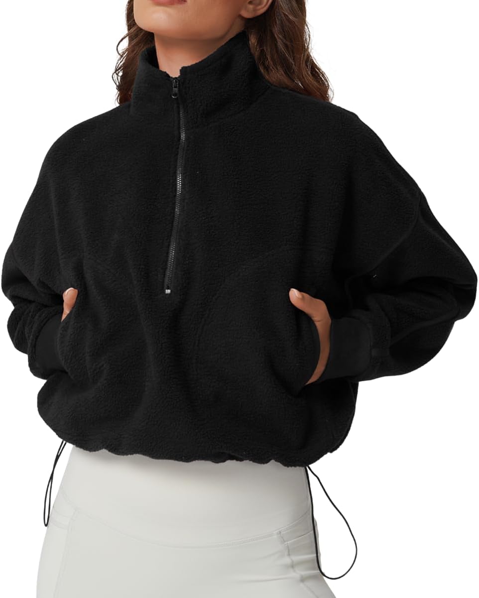 QINSEN Women's Half Zip Fleece Short Pullover Sweatshirt Winter Long Sleeve Cozy Sherpa Sweater Top