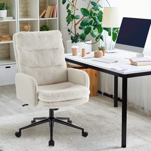 Image of IWMH High-Back Home Office Chair,Upholstered Desk Chair with Armrests,Height Adjustable Armchair with Wheels, Swivel Office Desk Chair, Ergonomic Computer Task Chair, Leisure Armchair Cashmere(White)