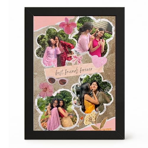 Image of Framekaari Best Friend Customised Photo Frame | Personalised Birthday Gift | Aesthetic Floral Scrapbook Design | 4 Custom Photos | Tabletop & Wall Mount | Room & Home Decor | 16x21 cm (Design-17)