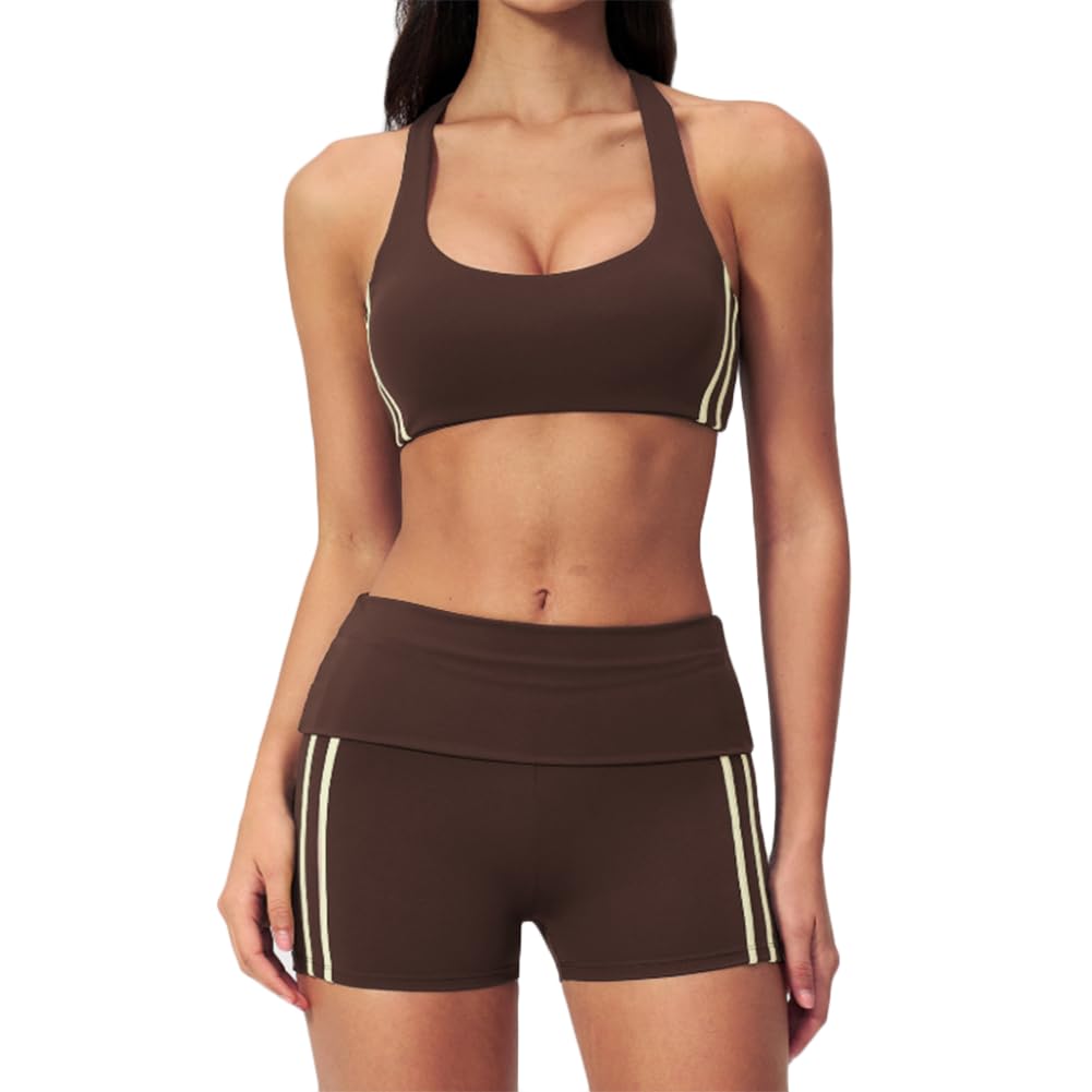 Xyffybhsd Women's Brown Solid 2-Piece Yoga Set Soft Seamless Breathable V-Neck Bra High Waist Butt Lift Sports Shorts(Size:m,Color:brown)