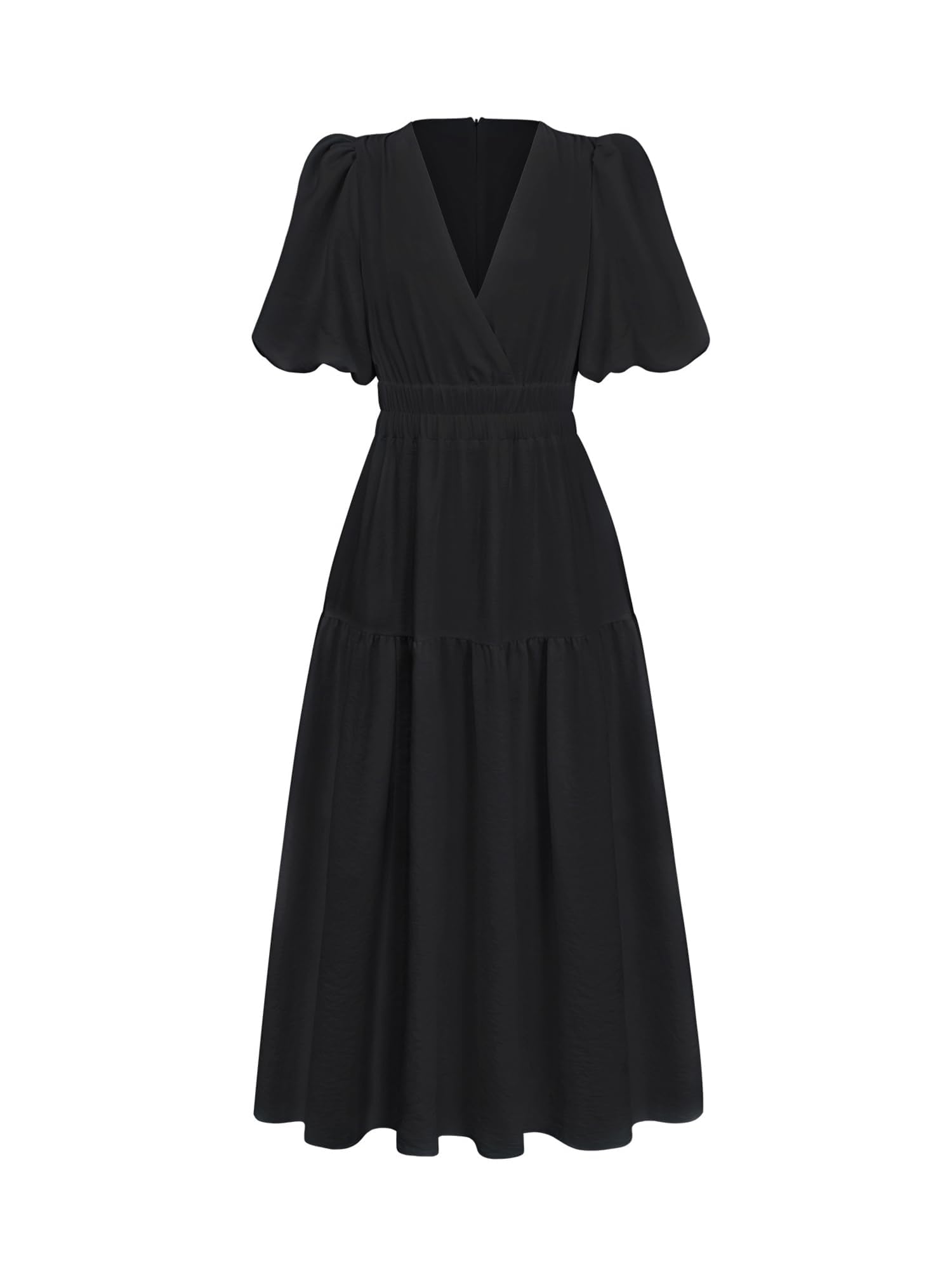 MessBebe Damen Sommer V-Ausschnitt Puff Sleeve Casual Kleider Solid Midi Kleid Rüschen Strandkleid